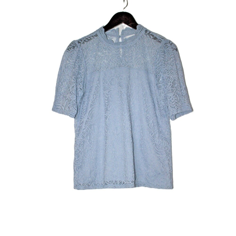 Adiva Womens Size Medium Lace Floral Top Blouse Short Sleeve Boho Light Blue - Picture 2 of 9